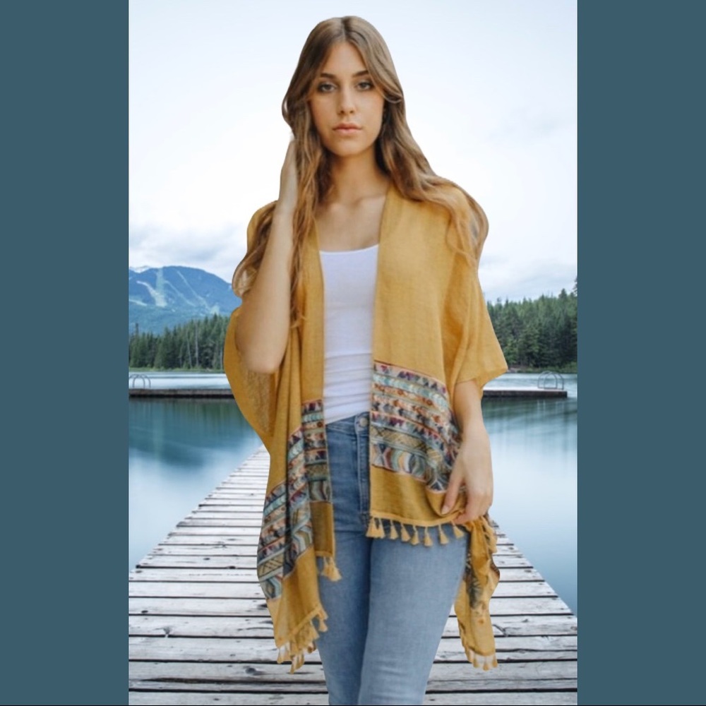 🆕 Mustard Boho Embroidered Tassel Kimono